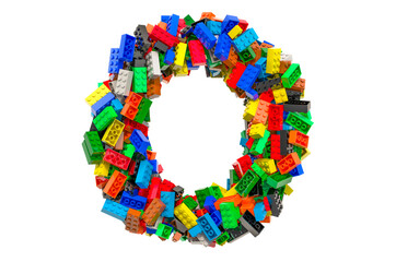 Letter O from colored plastic building blocks, 3D rendering