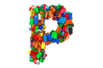 Letter P from colored plastic building blocks, 3D rendering
