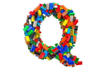 Letter Q from colored plastic building blocks, 3D rendering