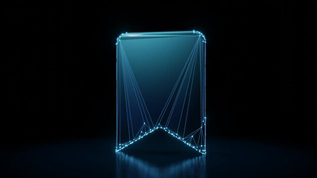 3d rendering 4k fly through wireframe neon glowing symbol of bookmark with bright dots on dark background with blured reflection on floor