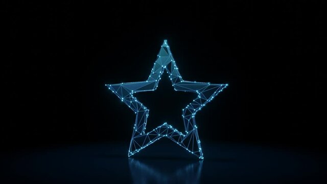 3d rendering 4k fly through wireframe neon glowing symbol of bookmark star button with bright dots on dark background with blured reflection on floor