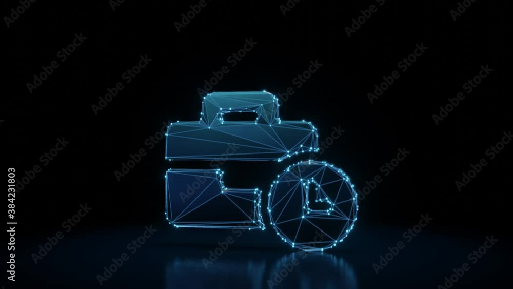 Poster 3d rendering 4k fly through wireframe neon glowing symbol of business time with bright dots on dark 