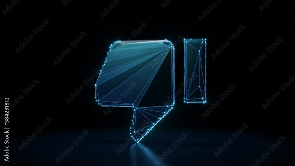 Poster 3d rendering 4k fly through wireframe neon glowing symbol of thumbs down with bright dots on dark ba