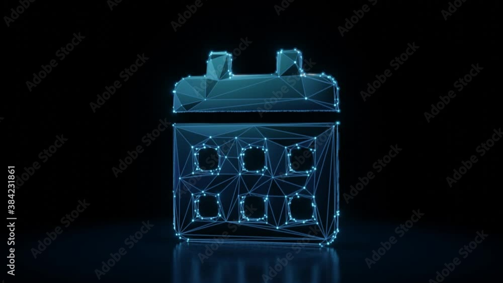 Poster 3d rendering 4k fly through wireframe neon glowing symbol of calendar with weeks with bright dots on