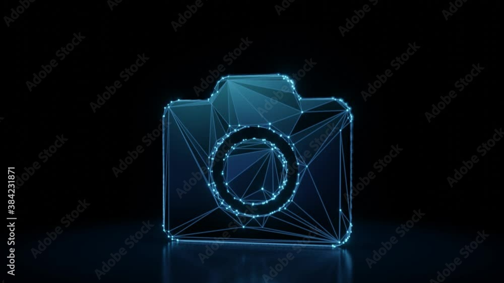 Poster 3d rendering 4k fly through wireframe neon glowing symbol of camera with bright dots on dark backgro