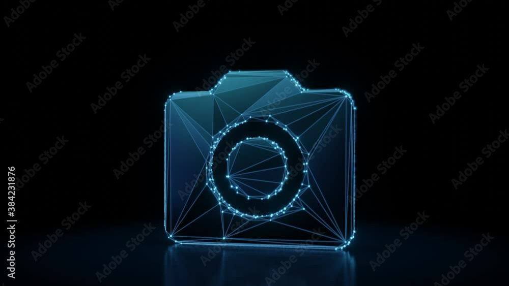 Poster 3d rendering 4k fly through wireframe neon glowing symbol of camera with bright dots on dark backgro