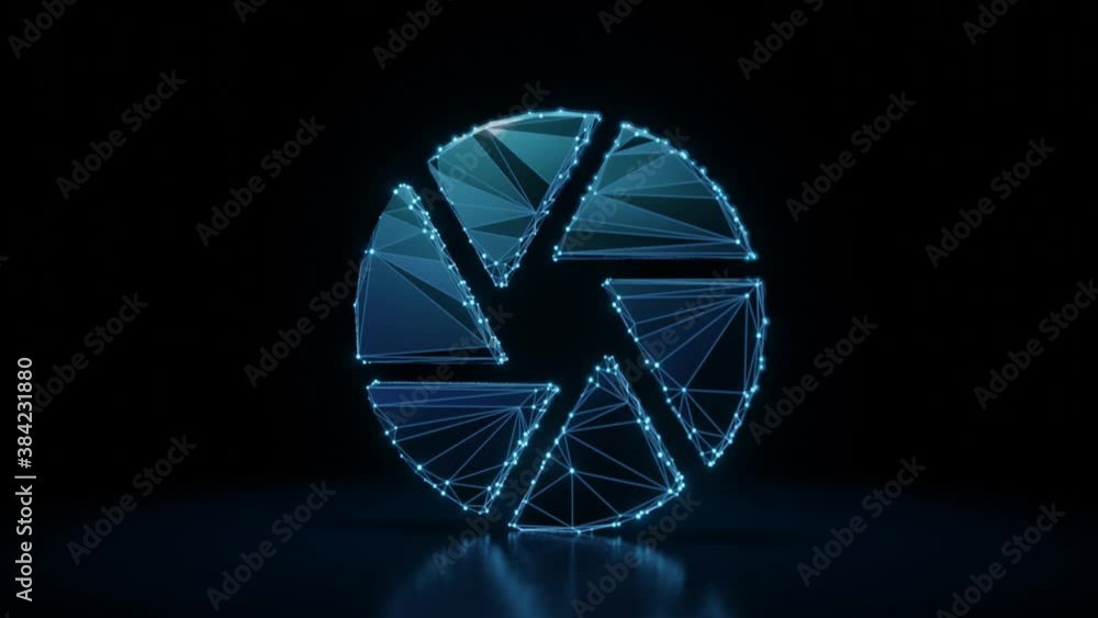 Poster 3d rendering 4k fly through wireframe neon glowing symbol of camera aperture with bright dots on dar