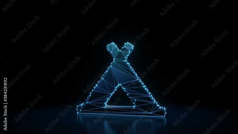 Poster 3d rendering 4k fly through wireframe neon glowing symbol of campground with bright dots on dark bac