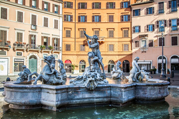 Fototapeta na wymiar Navona square and Neptune fountain on a Sunny may morning. Rome, Lazio, Italy