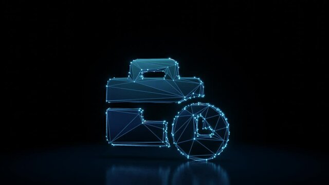 3d rendering 4k fly through wireframe neon glowing symbol of business time with bright dots on dark background with blured reflection on floor