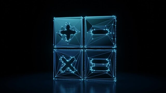 3d rendering 4k fly through wireframe neon glowing symbol of basic number operations of calculator with bright dots on dark background with blured reflection on floor