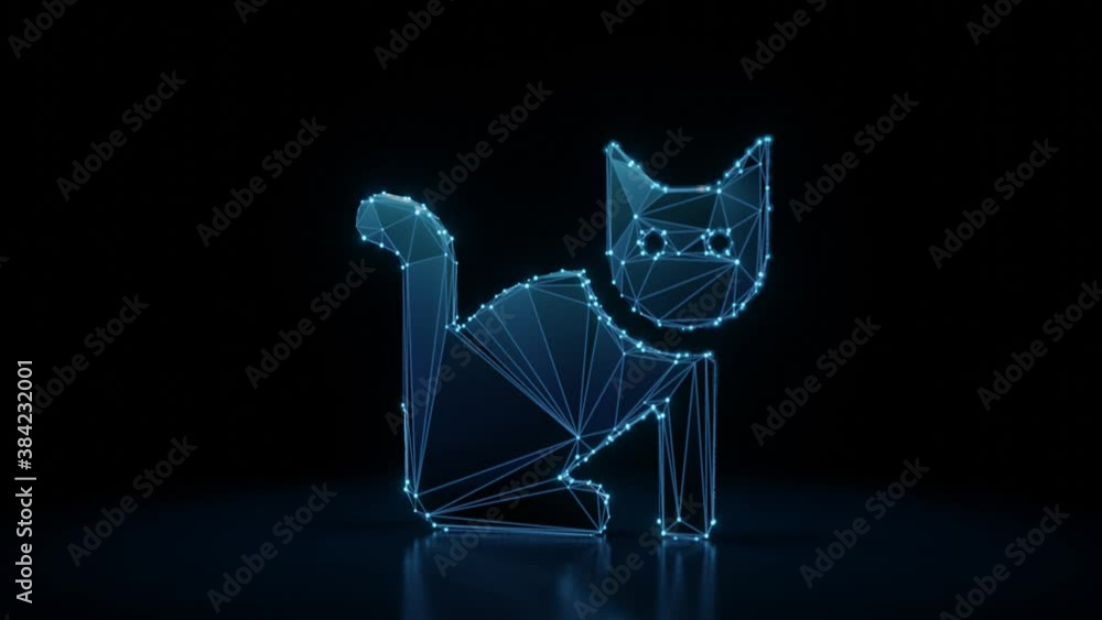 Poster 3d rendering 4k fly through wireframe neon glowing symbol of cat with bright dots on dark background