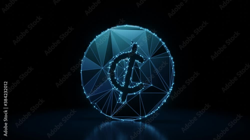 Poster 3d rendering 4k fly through wireframe neon glowing symbol of cent with bright dots on dark backgroun