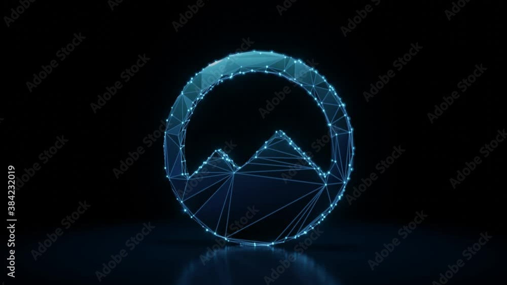 Poster 3d rendering 4k fly through wireframe neon glowing symbol of circle with mountains on horizon with b