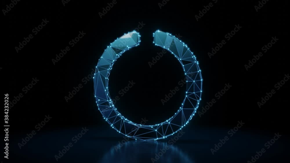 Poster 3d rendering 4k fly through wireframe neon glowing symbol of circle notch with bright dots on dark b