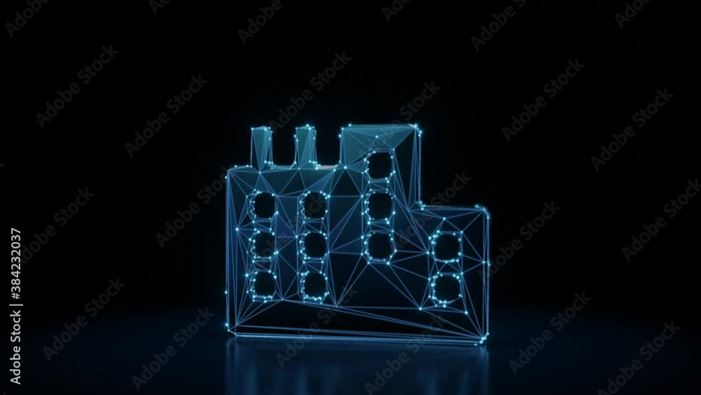 Poster 3d rendering 4k fly through wireframe neon glowing symbol of city with factory with bright dots on d