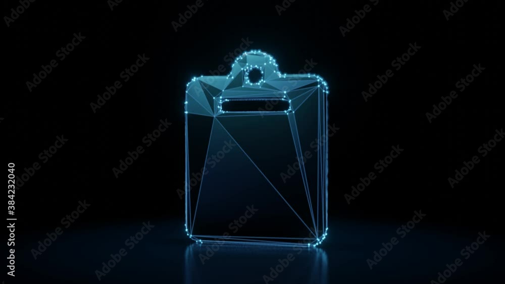 Poster 3d rendering 4k fly through wireframe neon glowing symbol of empty clipboard with bright dots on dar