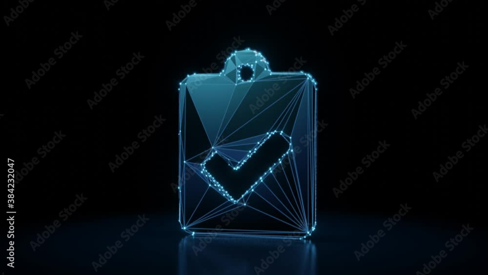 Aufkleber 3d rendering 4k fly through wireframe neon glowing symbol of clipboard with check with bright dots o
