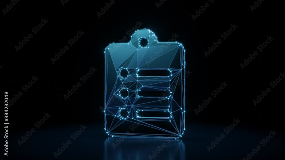 Poster 3d rendering 4k fly through wireframe neon glowing symbol of clipboard list with three lines with br