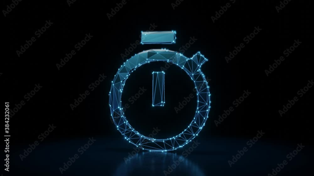 Poster 3d rendering 4k fly through wireframe neon glowing symbol of stopwatch with bright dots on dark back