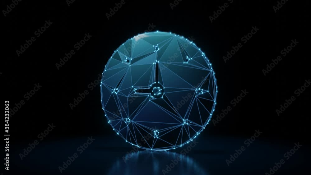 Poster 3d rendering 4k fly through wireframe neon glowing symbol of wall clock with bright dots on dark bac