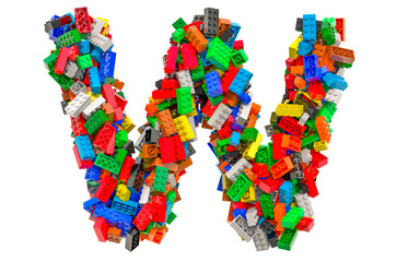 Letter W from colored plastic building blocks, 3D rendering