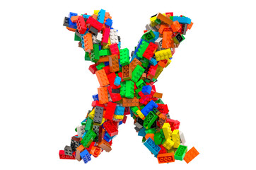 Letter X from colored plastic building blocks, 3D rendering