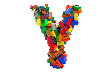 Letter Y from colored plastic building blocks, 3D rendering