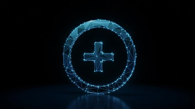 3d rendering 4k fly through wireframe neon glowing symbol of circle with plus add with bright dots on dark background with blured reflection on floor