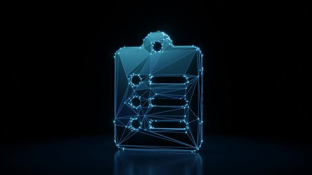 3d rendering 4k fly through wireframe neon glowing symbol of clipboard list with three lines with bright dots on dark background with blured reflection on floor