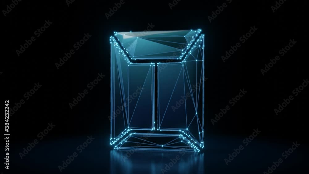 Poster 3d rendering 4k fly through wireframe neon glowing symbol of sealed envelope with flaps with bright 