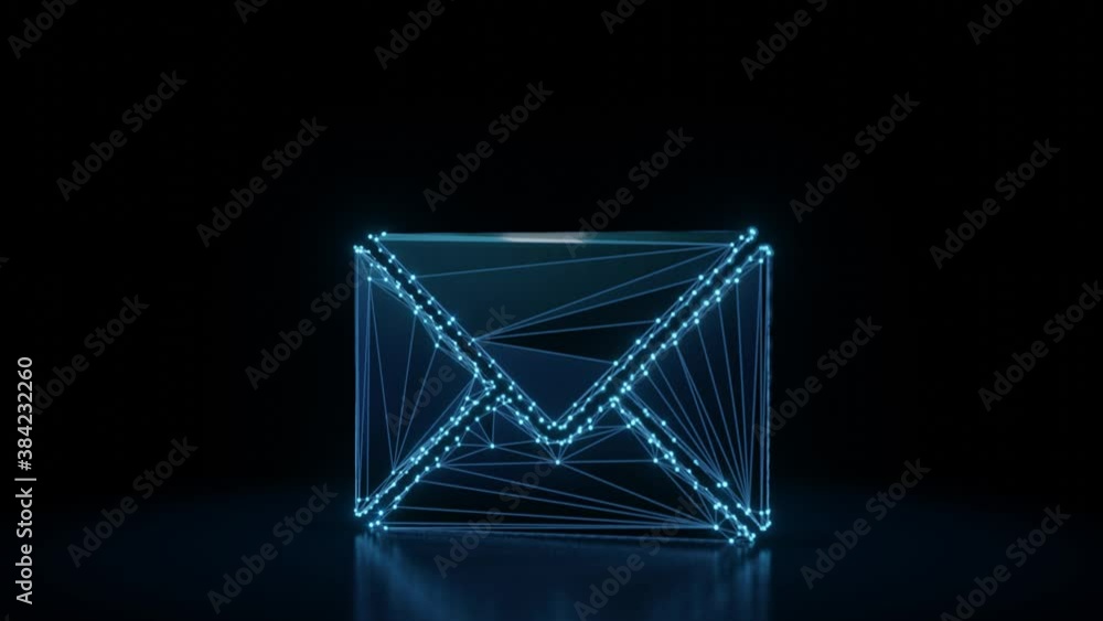 Poster 3d rendering 4k fly through wireframe neon glowing symbol of paper close envelope with bright dots o