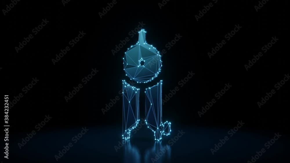Poster 3d rendering 4k fly through wireframe neon glowing symbol of drafting compass with bright dots on da