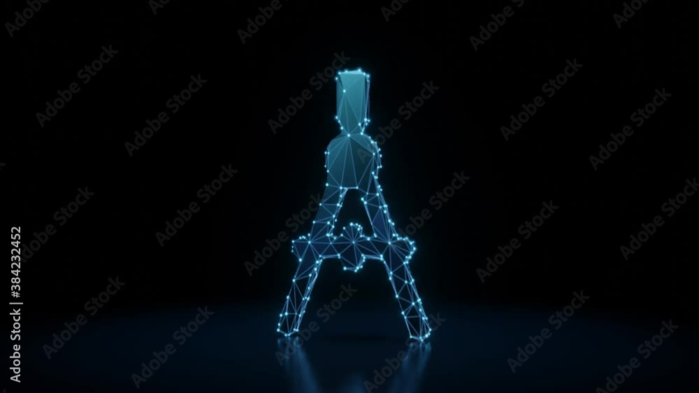 Poster 3d rendering 4k fly through wireframe neon glowing symbol of drafting compass with bright dots on da