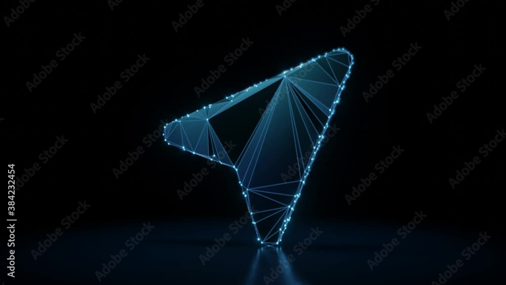 Aufkleber 3d rendering 4k fly through wireframe neon glowing symbol of compass arrow with bright dots on dark 