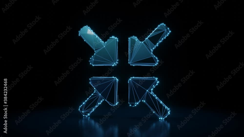 Poster 3d rendering 4k fly through wireframe neon glowing symbol of compress arrows with bright dots on dar