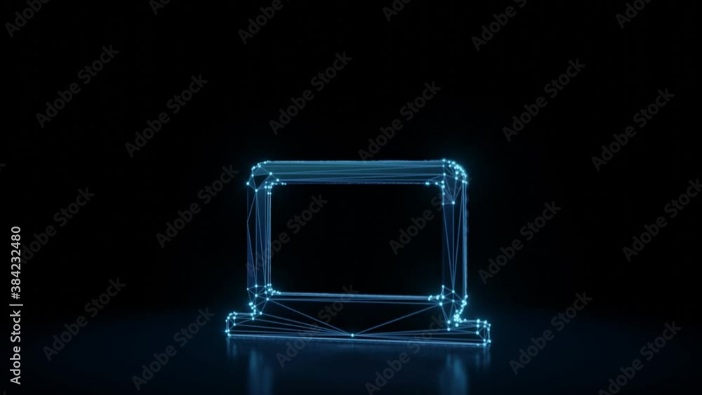 Poster 3d rendering 4k fly through wireframe neon glowing symbol of laptop with bright dots on dark backgro