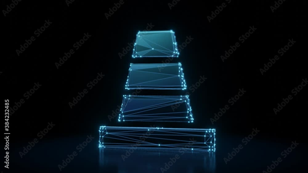 Poster 3d rendering 4k fly through wireframe neon glowing symbol of traffic cone with bright dots on dark b
