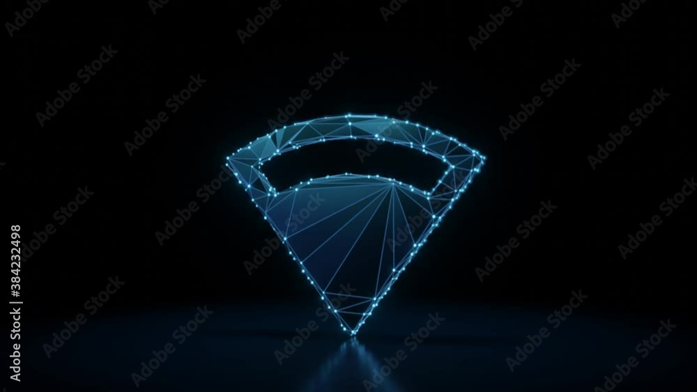 Poster 3d rendering 4k fly through wireframe neon glowing symbol of connection volume full with bright dots