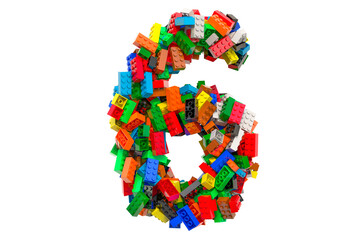 Number 6 from colored plastic building blocks, 3D rendering