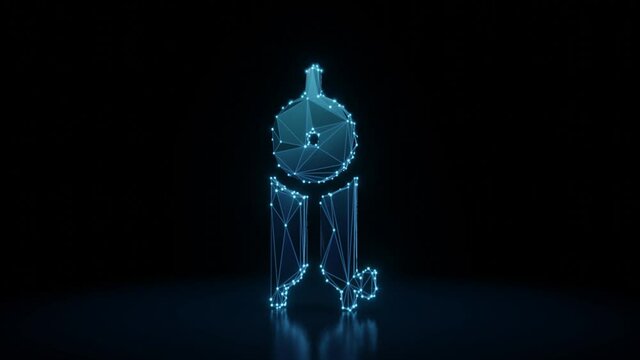 3d rendering 4k fly through wireframe neon glowing symbol of drafting compass with bright dots on dark background with blured reflection on floor