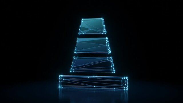 3d rendering 4k fly through wireframe neon glowing symbol of traffic cone with bright dots on dark background with blured reflection on floor