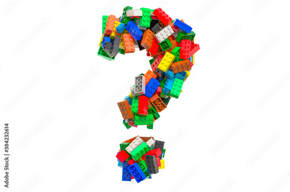 Poster question mark from colored plastic building blocks, 3d rendering