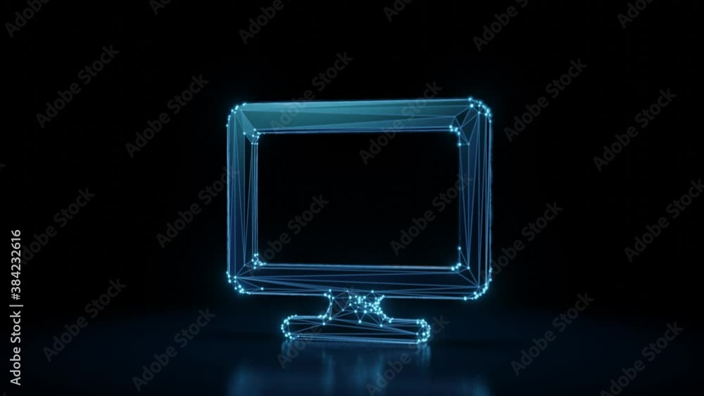 Poster 3d rendering 4k fly through wireframe neon glowing symbol of monitor with bright dots on dark backgr