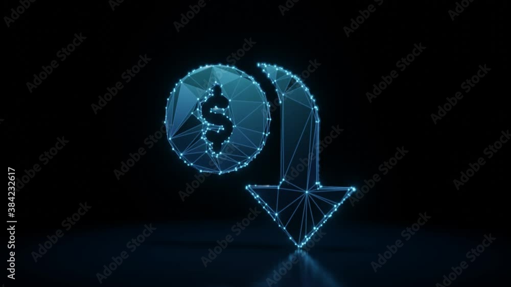 Poster 3d rendering 4k fly through wireframe neon glowing symbol of dollar symbol and down arrow with brigh