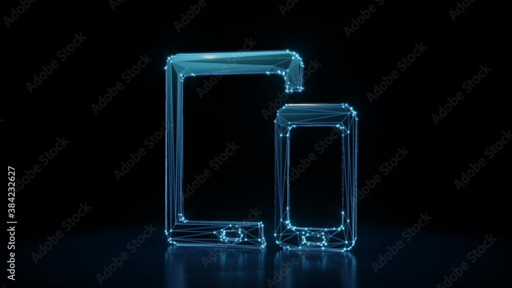 Poster 3d rendering 4k fly through wireframe neon glowing symbol of tablet and cell phone with bright dots 