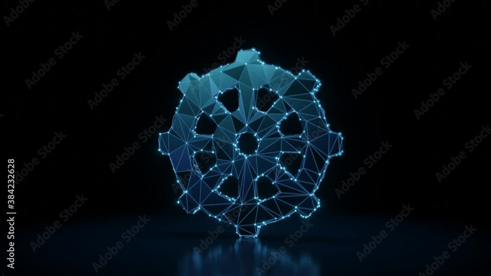 Poster 3d rendering 4k fly through wireframe neon glowing symbol of rudder with bright dots on dark backgro