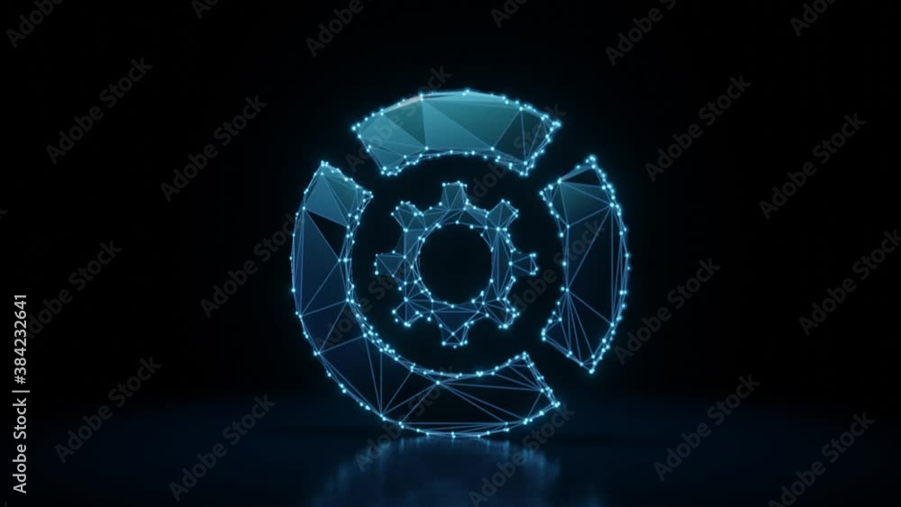 Poster 3d rendering 4k fly through wireframe neon glowing symbol of circular diagram with cogwheel in the m