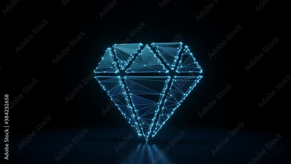 Poster 3d rendering 4k fly through wireframe neon glowing symbol of precious stone cut with bright dots on 