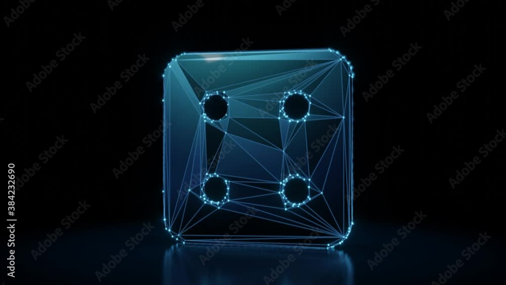 Poster 3d rendering 4k fly through wireframe neon glowing symbol of dice with four dots with bright dots on